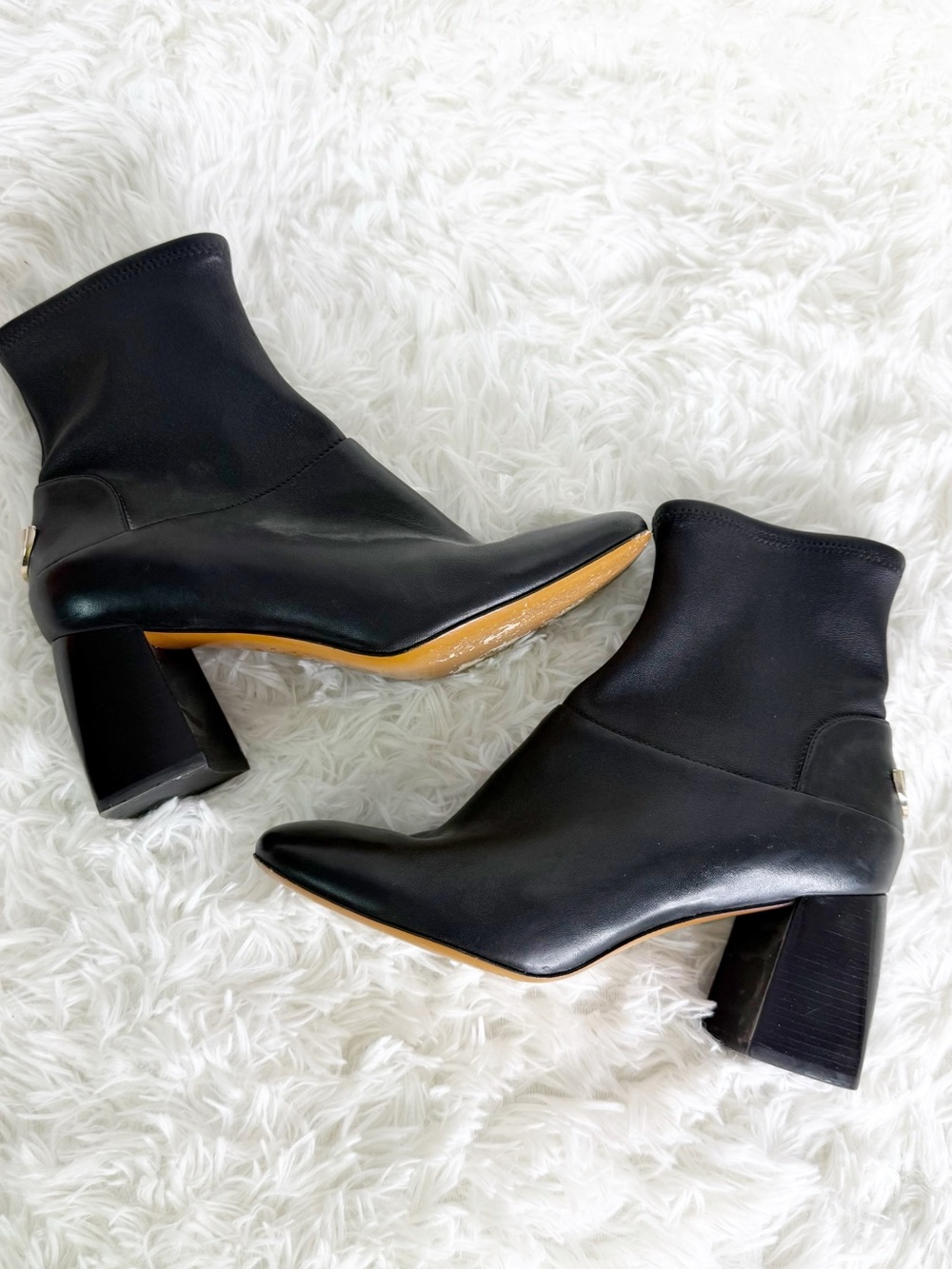 Tory Burch Black Leather Sock Ankle Boots Size 8M Gold Logo Block Heel